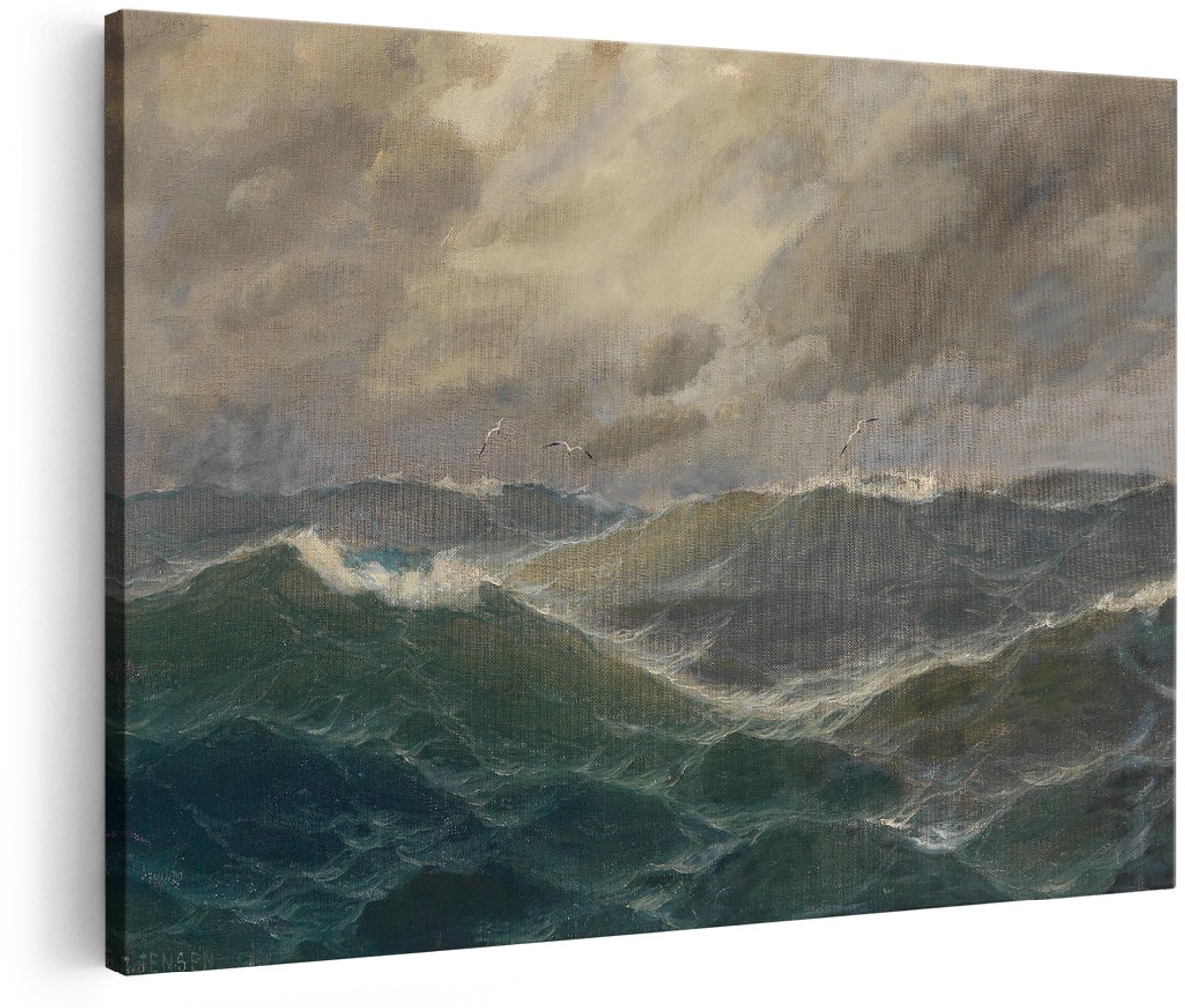 Artaza Canvas Schilderij Zee - 180x120 cm - Groot - Wanddecoratie Stormachtige Golven - Muurdecoratie Landschap - Schilderijen Op Canvas Meeuwen