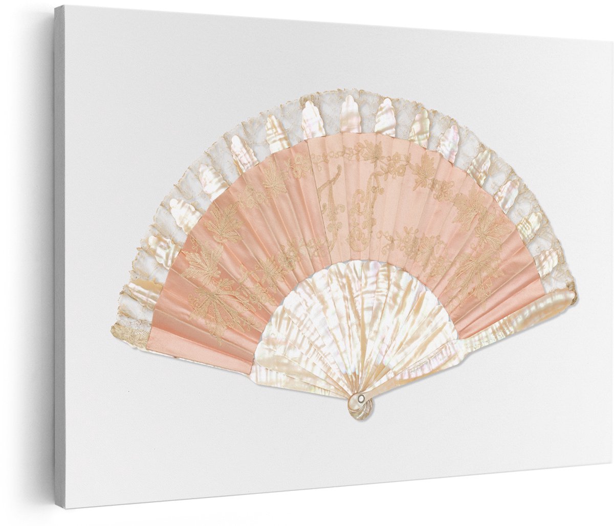 Artaza Canvas Schilderij Waaier - 180x120 cm - Groot - Wanddecoratie Vintage - Muurdecoratie Brocante - Decoratie Parelmoer - Roze