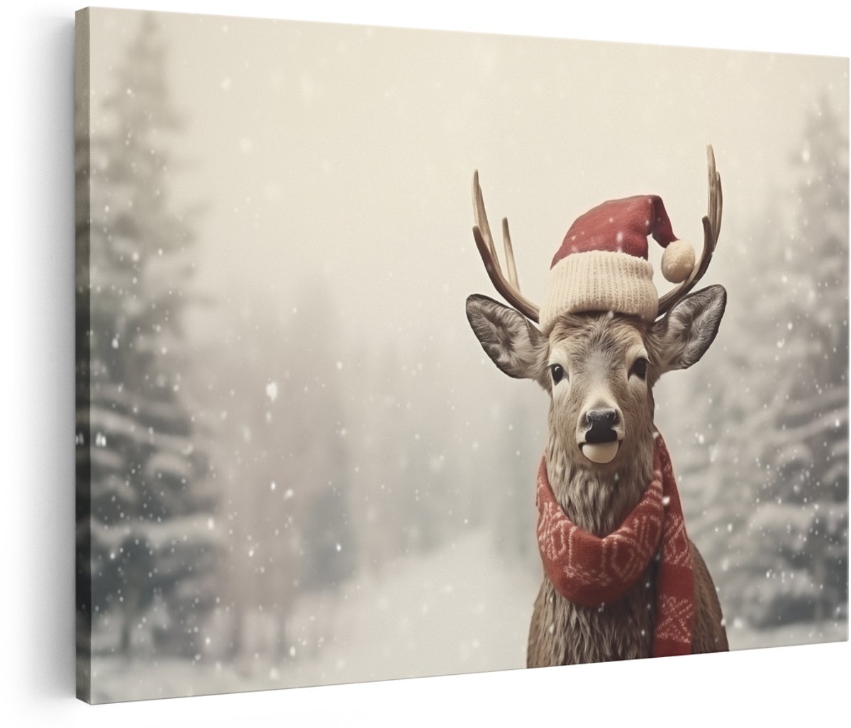Artaza Canvas Schilderij Hert in de Winter - Kerstmis - 180x120 cm - Groot - Wanddecoratie Woonkamer - Schilderijen - Muurdecoratie