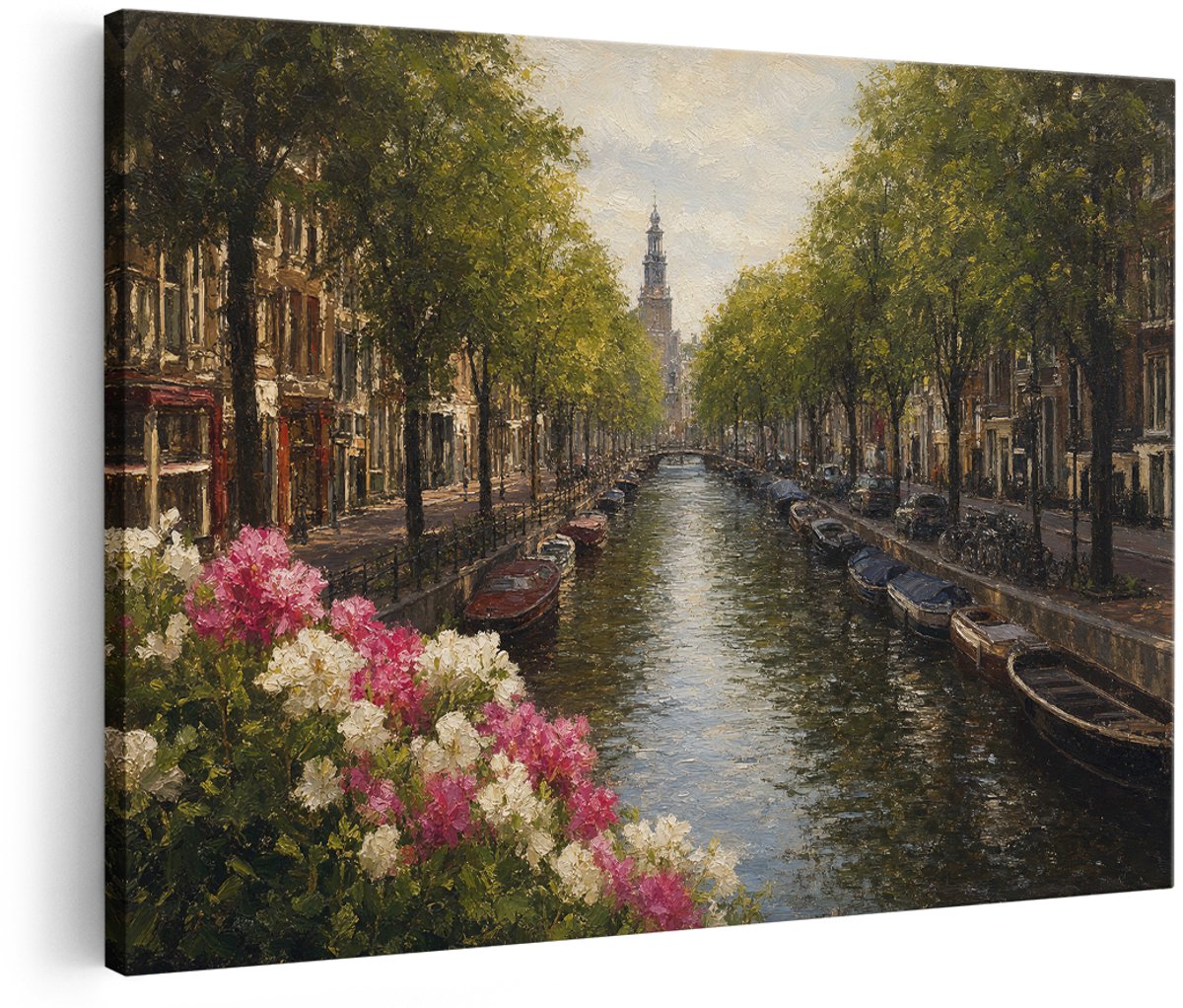 Artaza Canvas Schilderij Amsterdam Gracht - Stad - Groen - 180x120 cm - Groot - Wanddecoratie Woonkamer - Schilderijen - Muurdecoratie