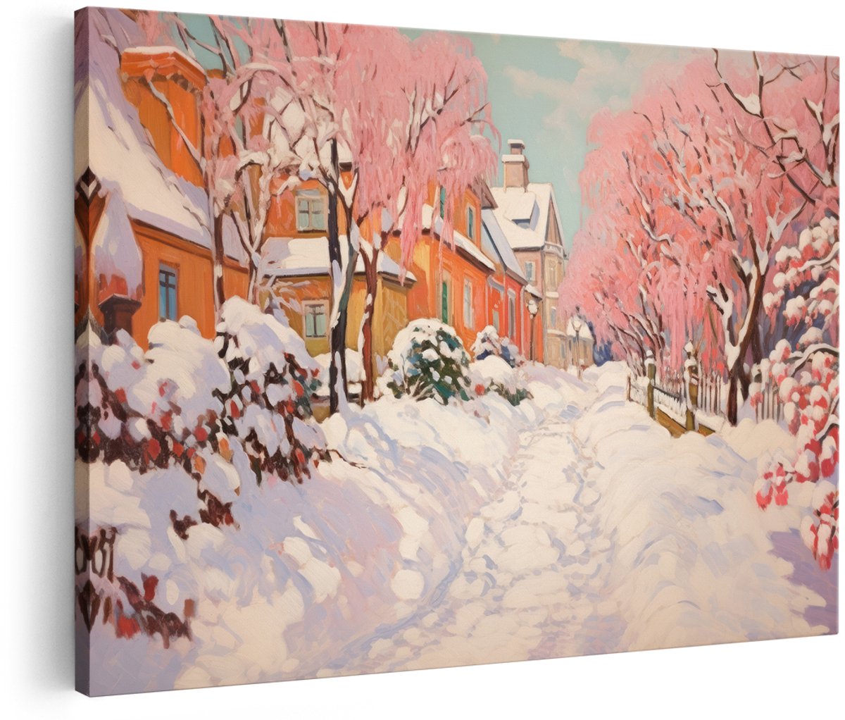 Artaza Canvas Schilderij Winters Straatje - 180x120 cm - Groot - Wanddecoratie Bloesem - Muurdecoratie Kleurrijk - Decoratie Roze Huizen