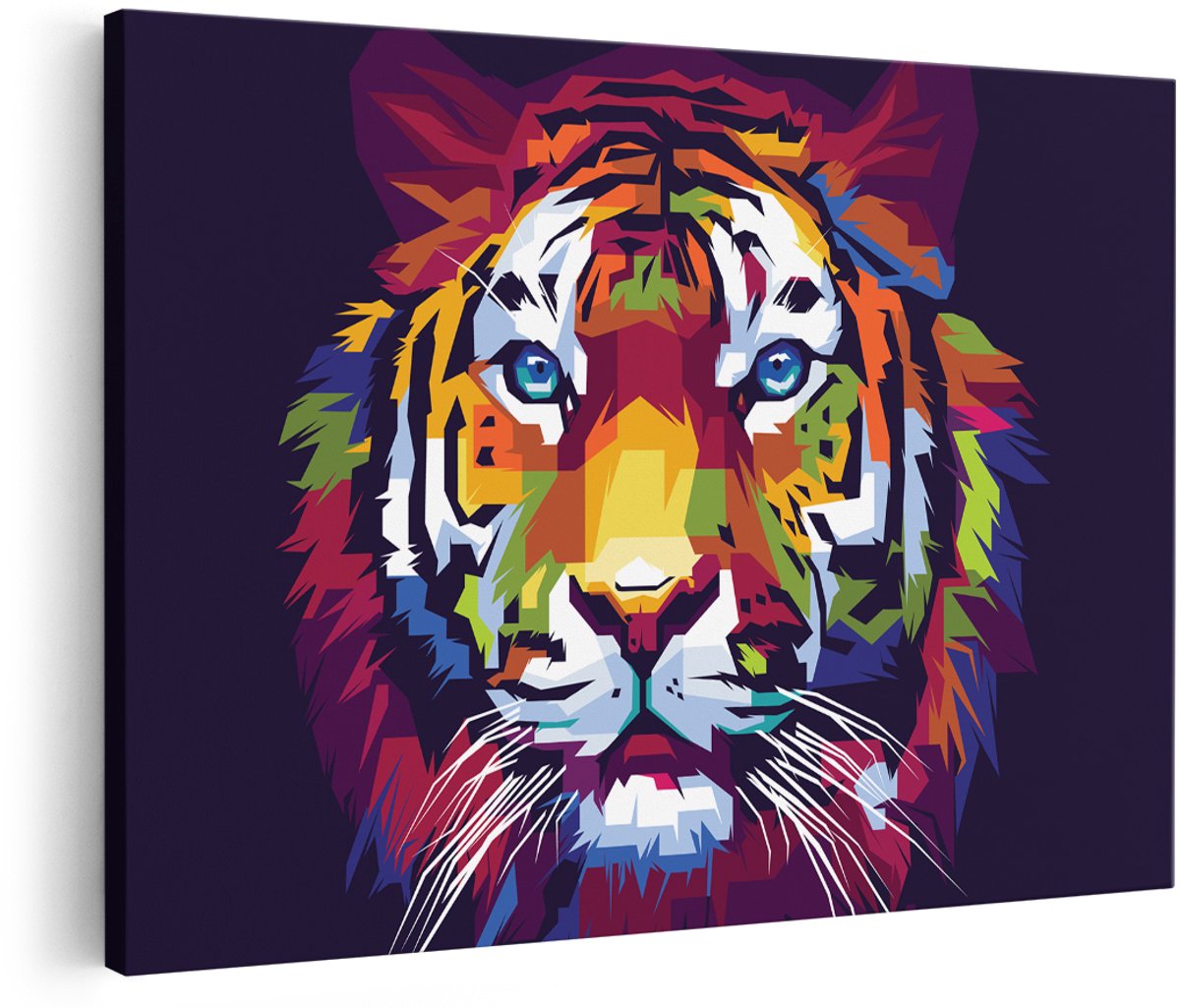 Artaza Canvas Schilderij Kleurrijke Tijger - Abstract - 180x120 cm - Groot - Wanddecoratie Woonkamer - Schilderijen - Muurdecoratie
