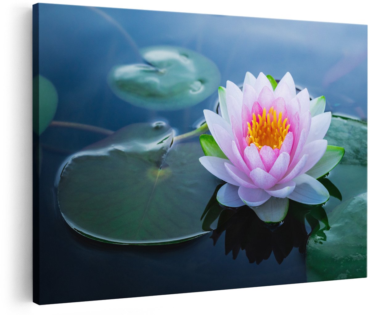 Artaza Canvas Schilderij Roze Lotusbloem Met Waterlelies - 180x120 cm - Groot - Wanddecoratie Woonkamer - Schilderijen - Muurdecoratie