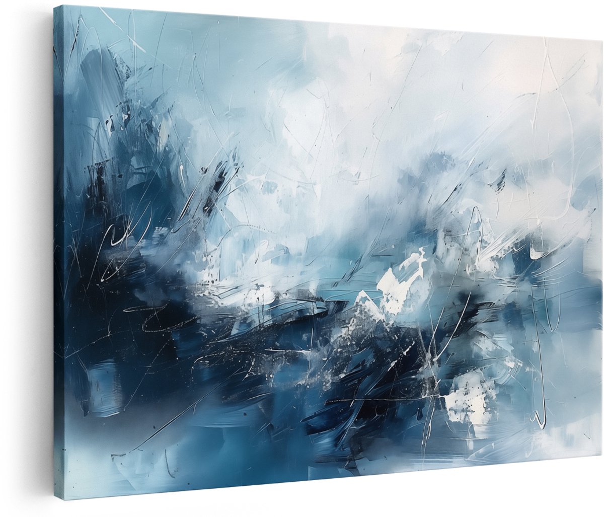 Artaza Canvas Schilderij Abstract Kunstwerk in Blauw en Wit - 180x120 cm - Groot - Wanddecoratie Woonkamer - Schilderijen - Muurdecoratie