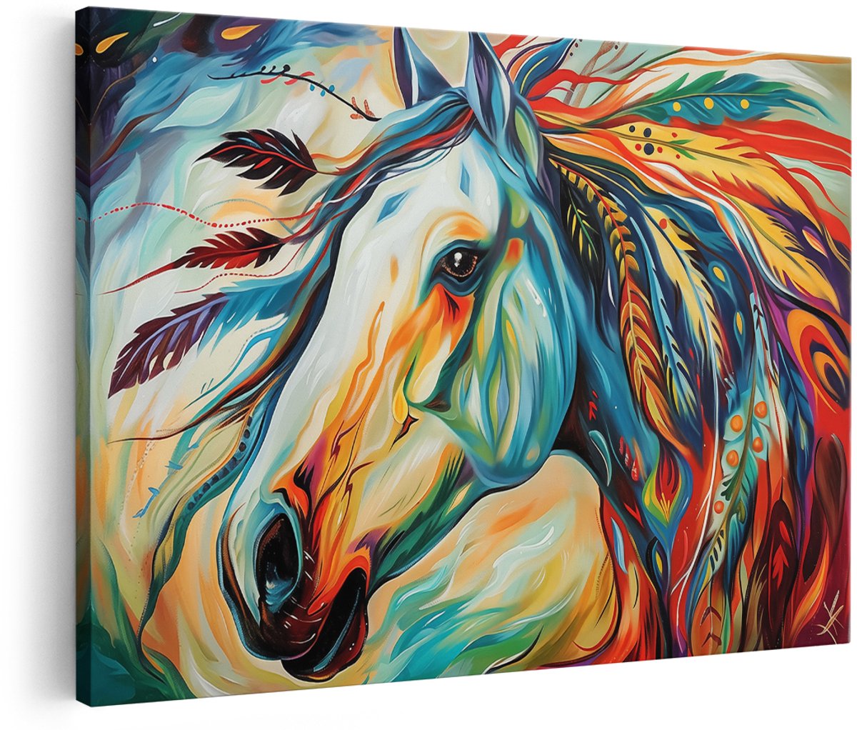 Artaza Canvas Schilderij Kleurrijk Kunstwerk van een Paard met Veren - Dieren - 180x120 cm - Groot - Wanddecoratie Woonkamer - Schilderijen - Muurdecoratie