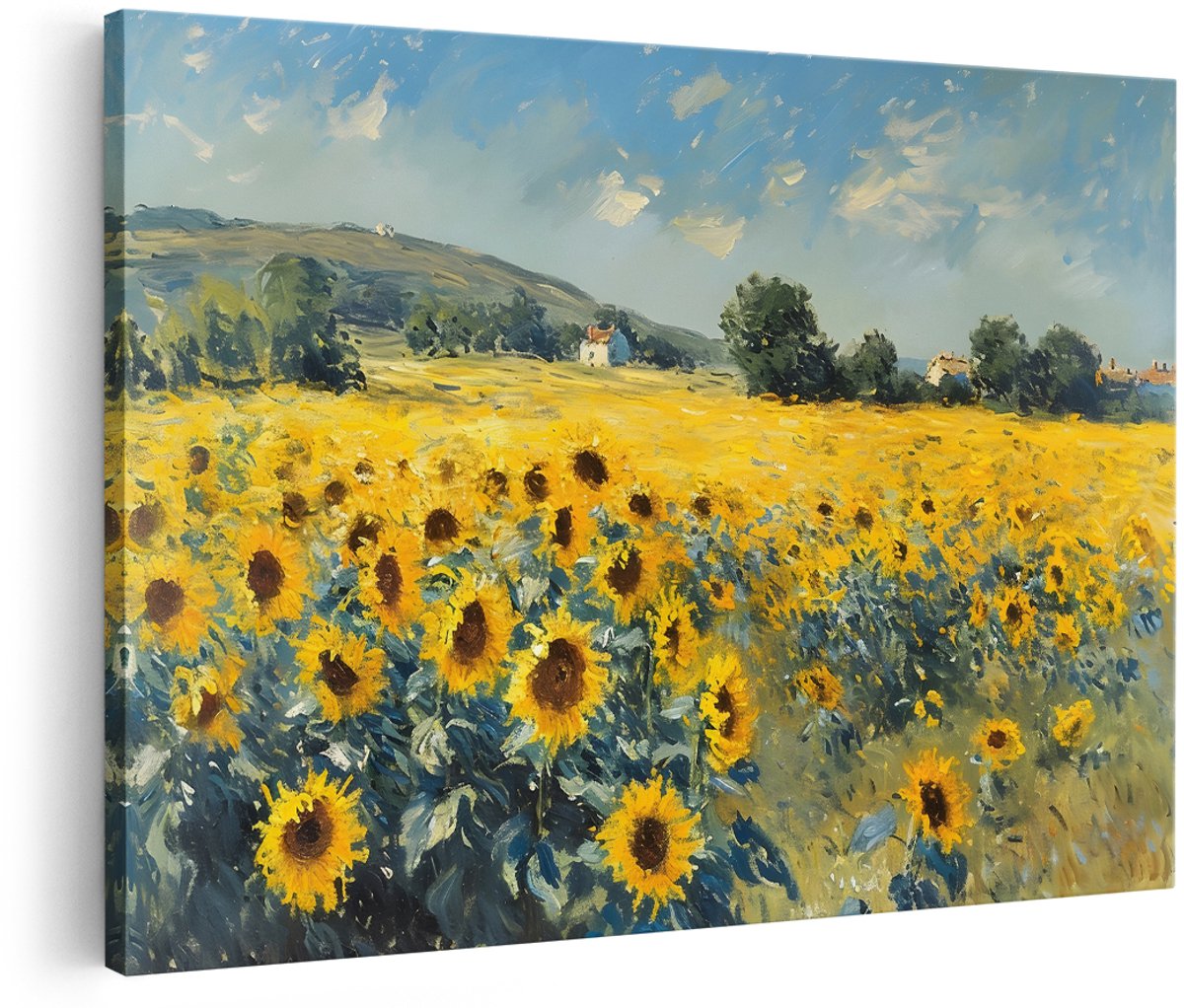 Artaza Canvas Schilderij Zonnebloemen Veld - 180x120 cm - Groot - Wanddecoratie Van Gogh - Muurdecoratie Landschap - Decoratie Natuur Geel