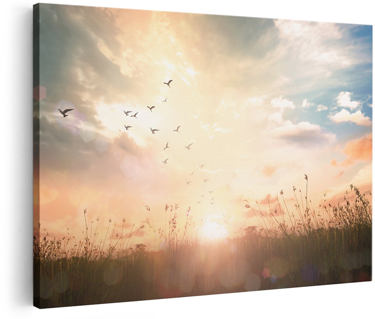 Artaza Canvas Schilderij Silhouet Vogels Tijdens Zonsopkomst - 180x120 cm - Groot - Wanddecoratie Woonkamer - Schilderijen - Muurdecoratie