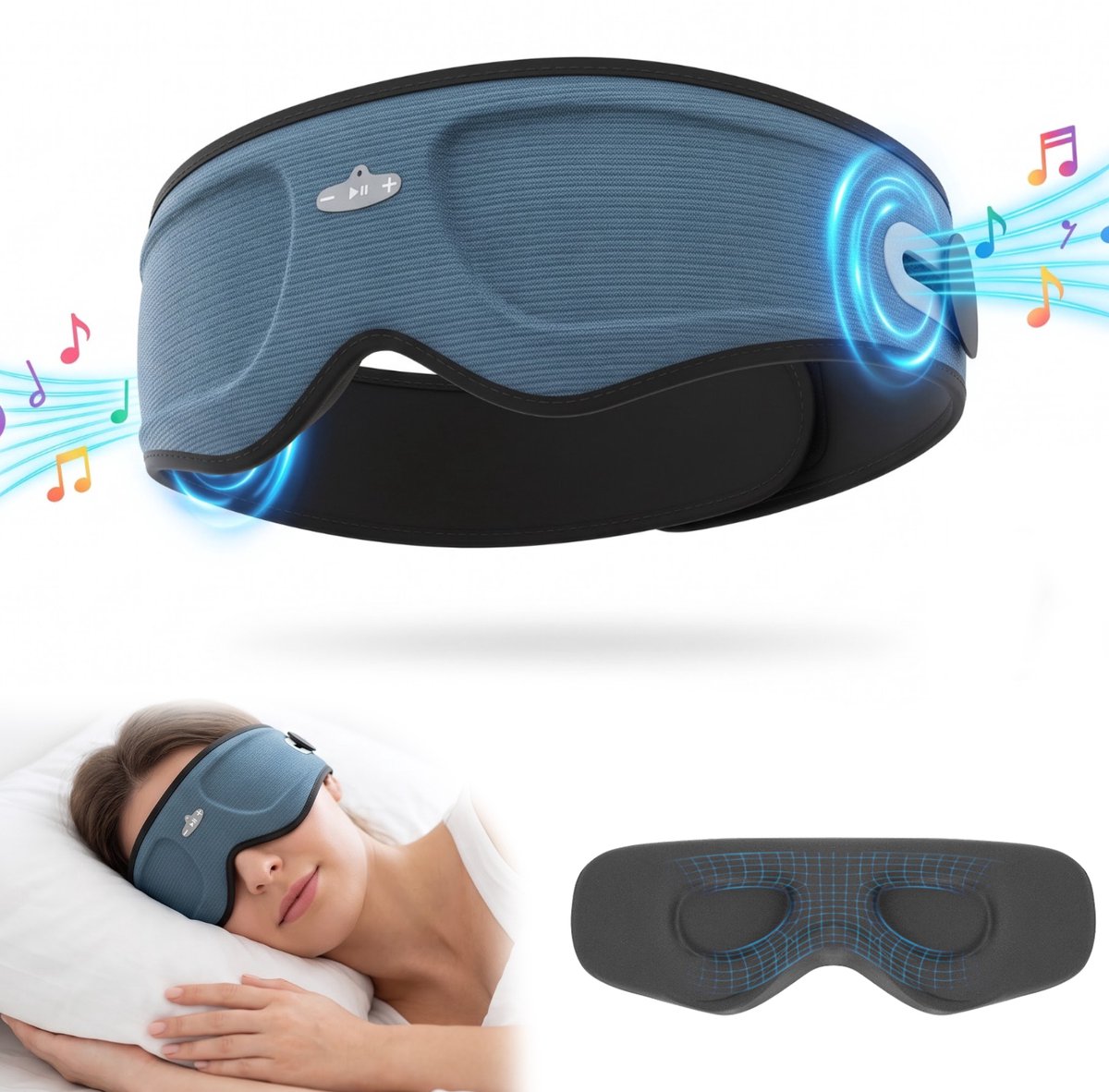 Fokelyi Slaapmasker Bluetooth - Oogmasker Slaap-3D Oogkassen-Verstelbare Speakers-Verwijderbaar-Verduisterend -Handwasbaar-Inclusief Oordopjes-Bellen-Luisterboeken