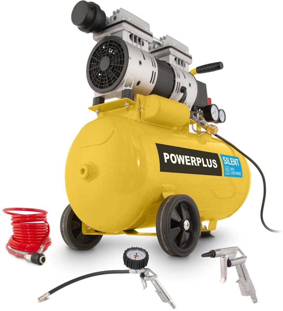 Powerplus - Yellow - POWX17260S - Inductiemotor - Compressor - geen olie 750W 24L geluidsarm - 3 acc.