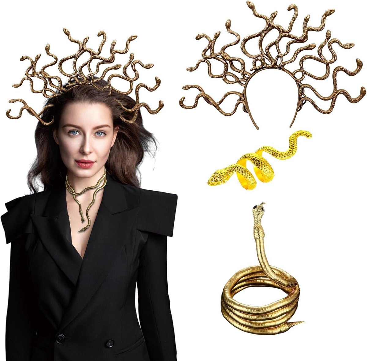 Medusa Kostuumaccessoires: Slangenhoofdband, Ketting en Ring voor Carnaval en Halloween, Retro Slangenthema Kostuum voor Vrouwen
