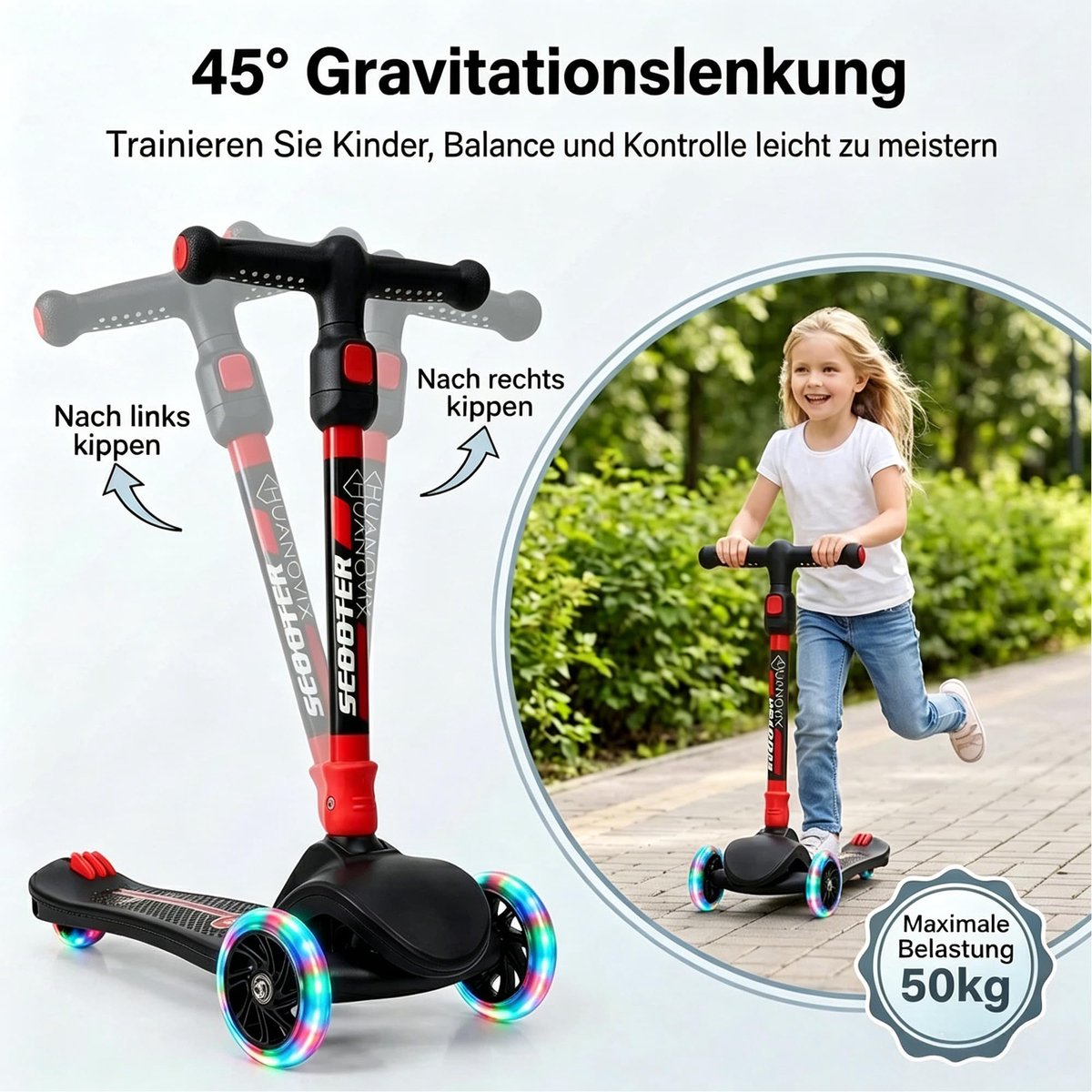 SnelShoppen - Kinderstep 3 Jaar, Verstelbare Hoogte, 3 Wielen, Kantelbaar Stuur, Verlichte Wielen met LED, Opvouwbare Evenwichtsstep voor Jongens en M