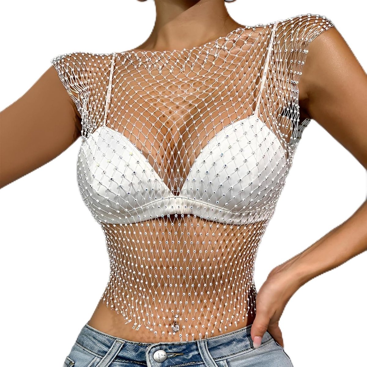 Vrouwelijke Transparante Mesh Top met Ronde Hals voor Festival en Rave Feestjes - Sexy Fishnet Shirt in Y2K Stijl voor Clubwear en Casual Outfits