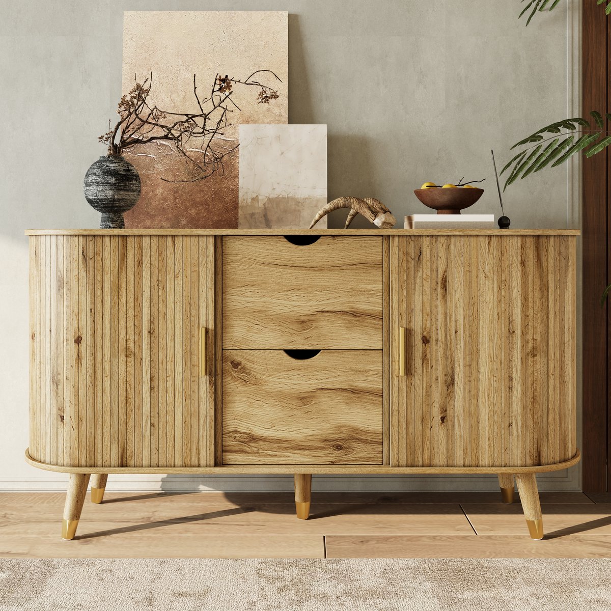 DESMIU Dressoir - Verticale Houtnerf Met 2 Deuren En 2 Lades - Voor Woonkamer Hal En Eetkamer - MDF - 140x40x79,5 Cm - Naturel