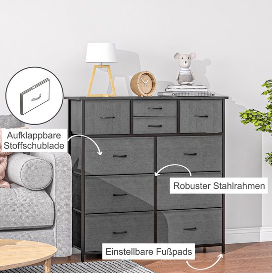 DESMIU Opbergkast Commode Met 10 Opvouwbare Stoffen Lades Stalen Frame Voor Woonkamer Slaapkamer En Hal Zwart 100x30x100 Cm — afbeelding 2