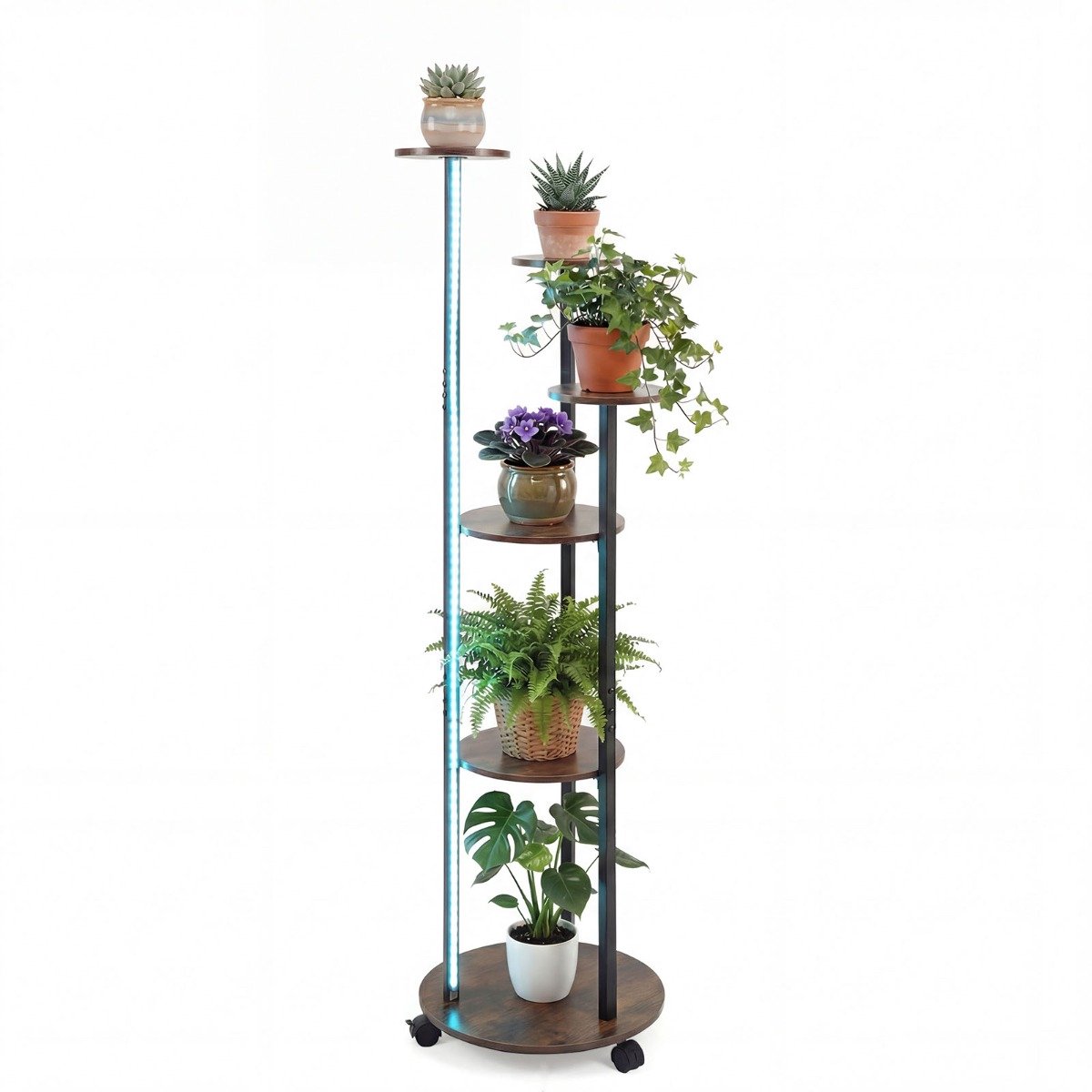 SureDeal® - Tuinier - Plantenrek - Verdiepingen Wieltjes - Kleurige Ledverlichting - Afstandsbediening - 45x43x146,5 cm - Koffiebruin