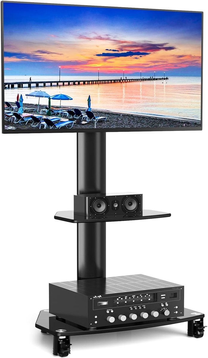 Mobiele TV Stand op Wielen voor 27-65 Inch Plasma LCD LED TV's, Verstelbare Hoogte, Draagbare Trolley met Laptopplank, Max. 50kg VESA 400x400mm