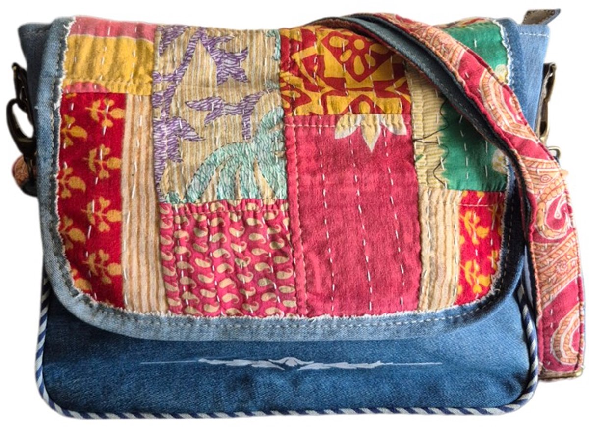 Sunsa-Tas-Denim-Leer-gerecyclede jeans-Patchwork-Dames-Heren-Retro-Vintage-Streetwear-31cmx27cmx7cm