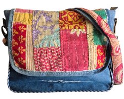 Sunsa-Tas-Denim-Leer-gerecyclede jeans-Patchwork-Dames-Heren-Retro-Vintage-Streetwear-31cmx27cmx7cm