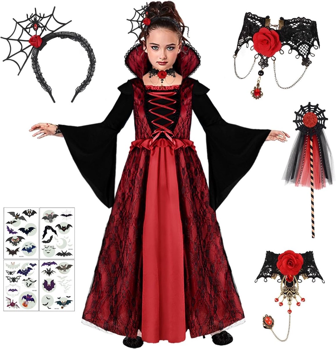 Vampier Kostuum voor Meisjes, Halloween Kostuum, Cosplay Outfit, Gothic Jurk met Ketting en Vampiertanden voor Carnaval en Dracula Feest, Geschikt voor Kinderen