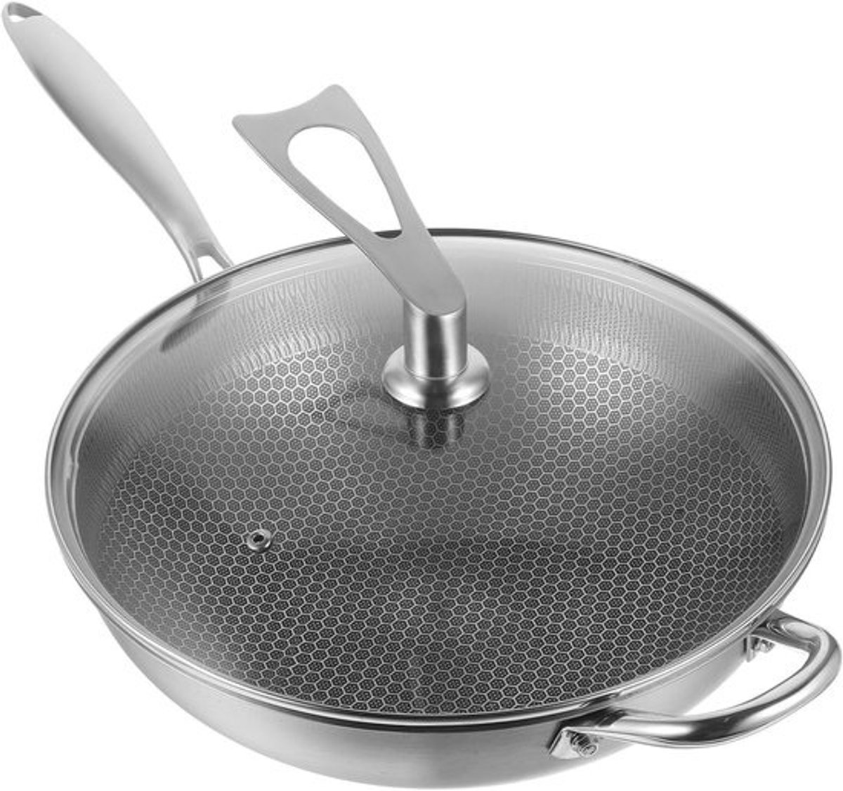 Rvs Wokpan Met Deksel - Honingraat Kookpan - Thuisgebruik Keuken - Gelijkmatige Verwarming - 32cm Diameter - Zilverkleurig