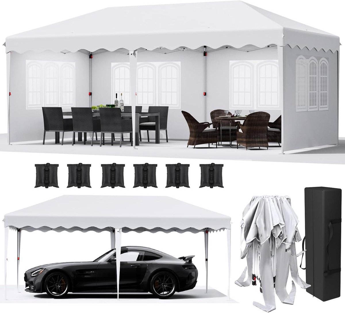 Opvouwbare Partytent - Feesttent Paviljoen - Buitenfeesten Organiseren - Waterdicht met 4 zijwanden - 3 x 6 meter - Wit