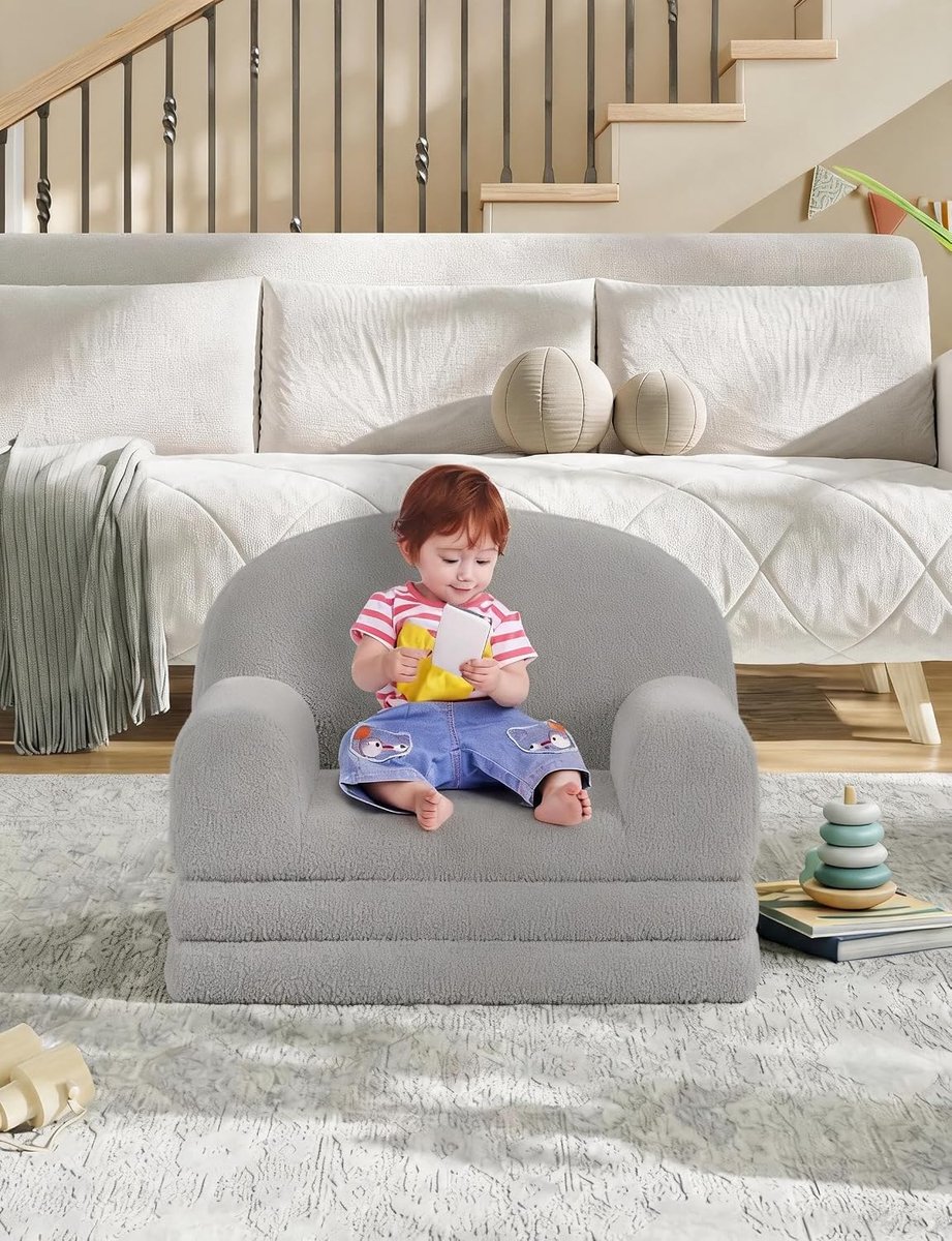 2-in-1 Kinderbankje & Slaapbank - Uitklapbaar - Zachte Teddy Stof (Sherpa) - Comfortabel Kindermeubel voor Lezen en Slapen - Grijs