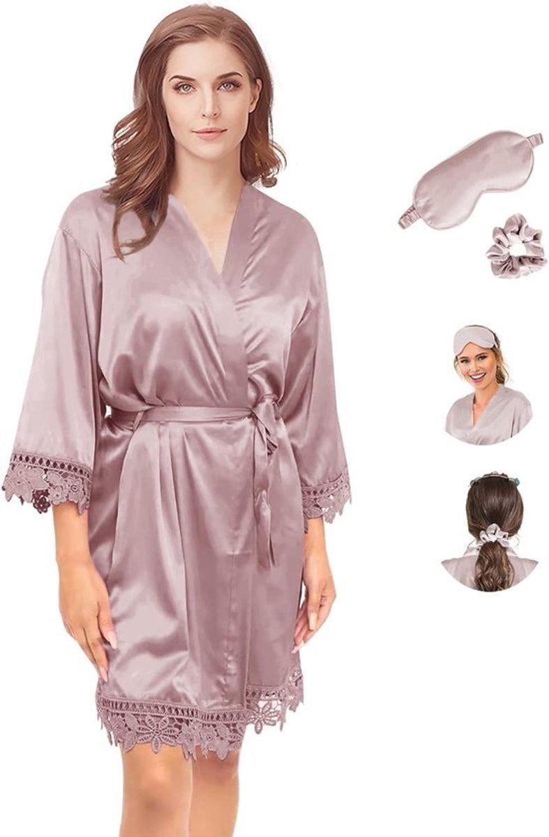 Luxe Satijnen Kimono Set met Kant voor Dames - Bruidsmeisje & Nachtkleding (3-in-1)