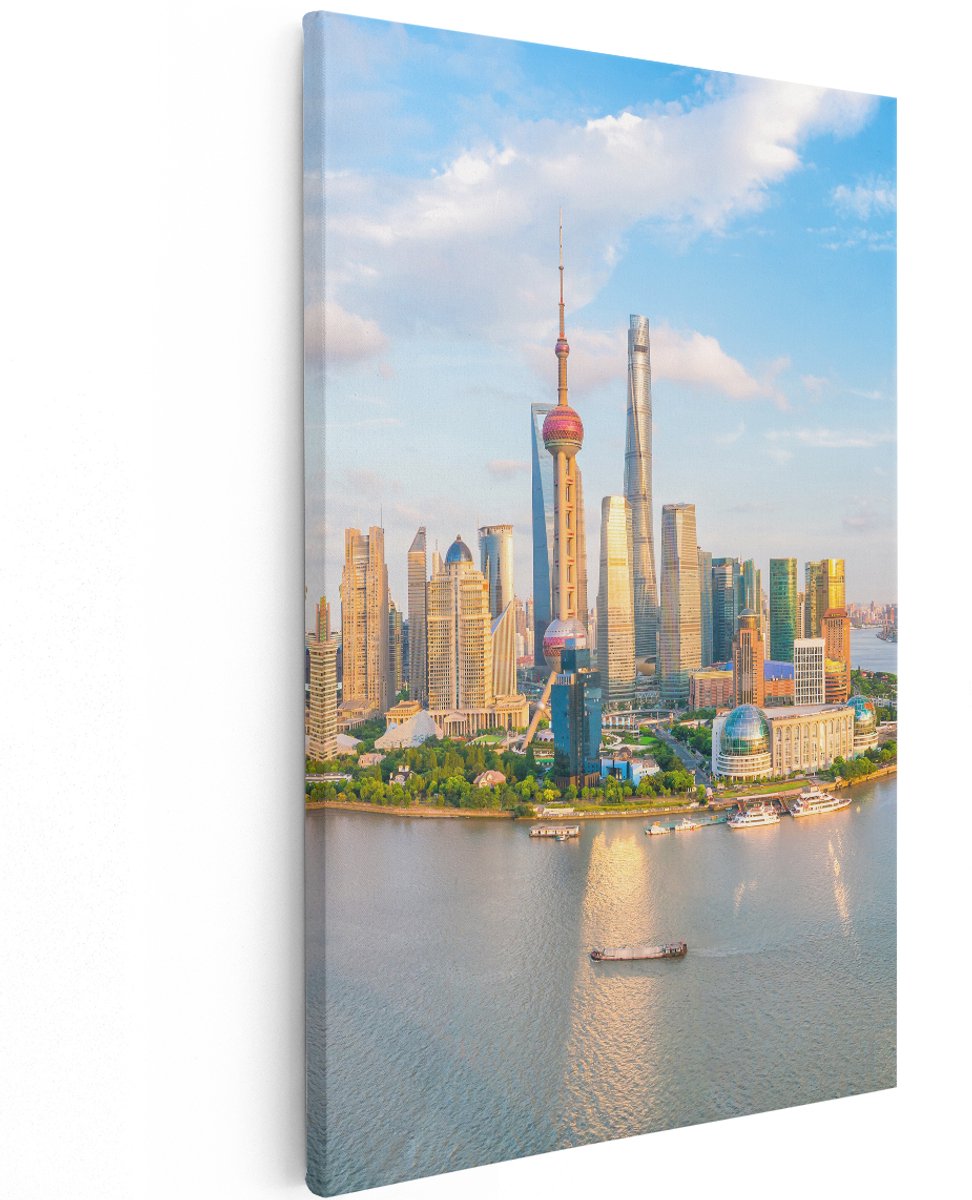 Artaza Canvas Schilderij Skyline Shanghai Stad in China - 120x180 cm - Groot - Wanddecoratie Woonkamer - Schilderijen - Muurdecoratie