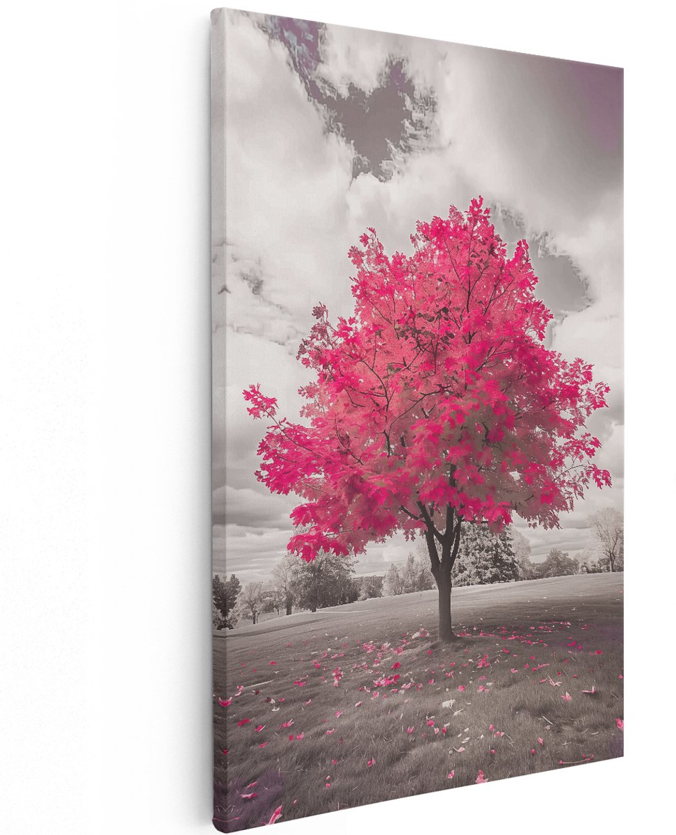 Artaza Canvas Schilderij Roze Boom in een Veld - 120x180 cm - Groot - Wanddecoratie Woonkamer - Schilderijen - Muurdecoratie