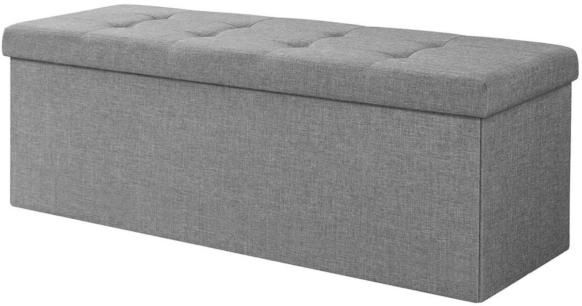 Opbergbank Voetenbank 110 x 38 x 38 cm grijs 120L grote verborgen opbergruimte verstevigde panelen stabiele en duurzame constructie maximale belasting 300 kg inklapbaar ruimtebesparend ontwerp met deksel geschikt voor hal woonkamer en slaapkamer