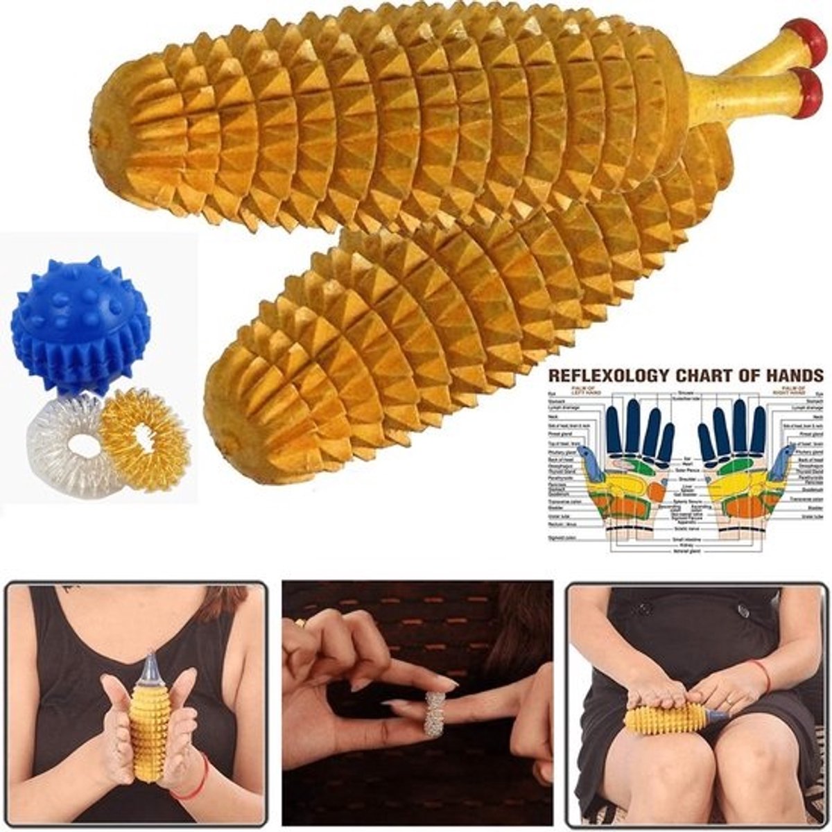 Set van 2 Houten Handdrukmassage Ballen en Ringen voor Acupressuur en Reflexologie