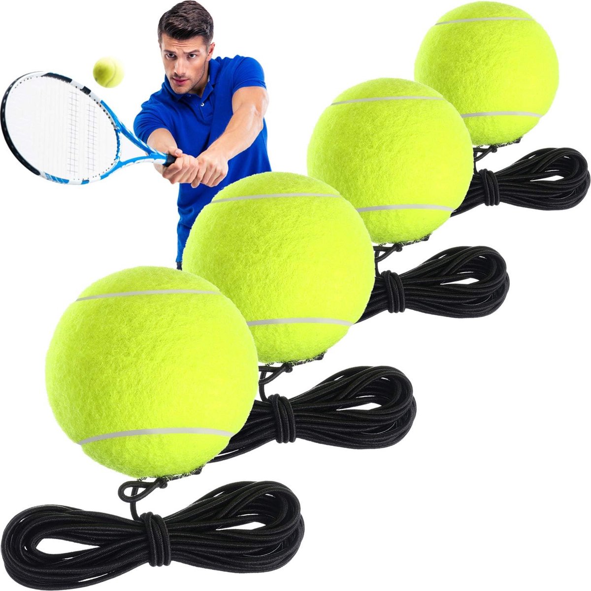 4 Stuks Tennis Trainingsbal - Tennisbal met Touw - Tennisbal voor Beginners - Met Bal en Elastisch Touw - Tennisballen Solo-Trainingstool - Hulpmiddel voor Zelfoefening - Solo Tennis Trainings - Voor Binnen en Buitentennistraining