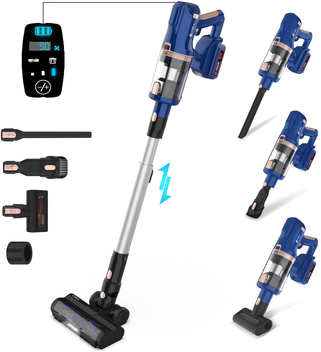 Blauwe Snoerloze Steelstofzuiger 30 x 25 x 115 cm, 300 W, 30 kPa, 2-in-1 Handstofzuiger, HEPA-filter, LED Vloerborstel, 4000 mAh Accu, 60 min Gebruiksduur, Draadloze Stofzuiger voor Vloeren, Tapijt en Auto