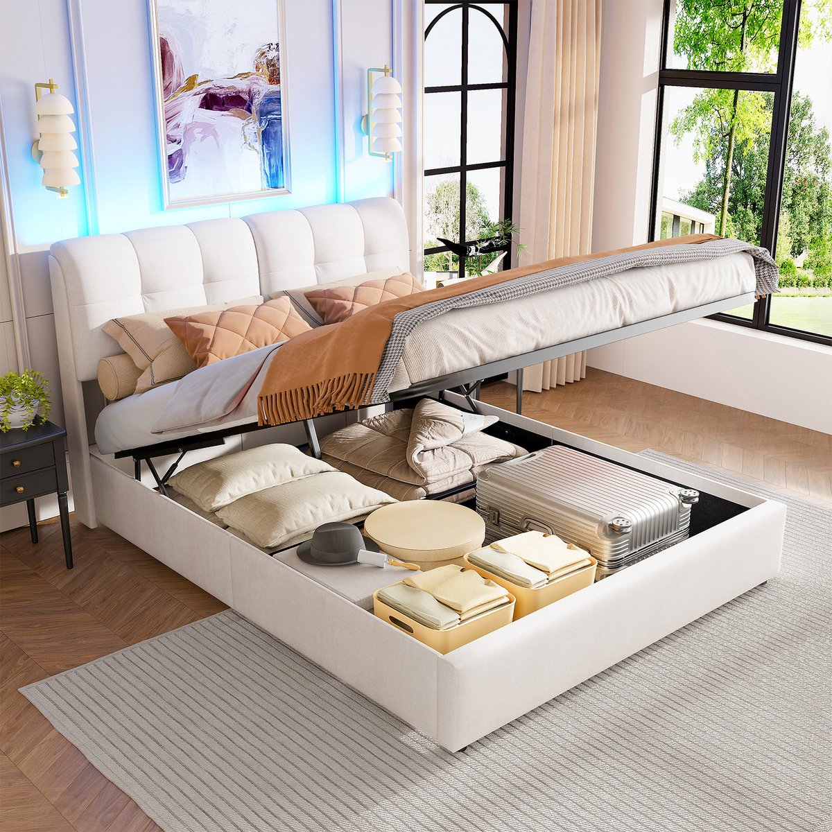 Opbergbed 160x200 cm met 7-kleurige RGB LED-verlichting en hydraulisch systeem – Lichtbeige fluwelen bekleding, ruime opbergruimte en lattenbodem – Tweepersoonsbed Modern design
