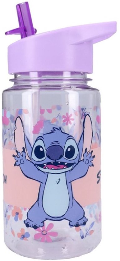 Transparante waterfles met paars deksel en tuit, met Stitch en bloemenprint.