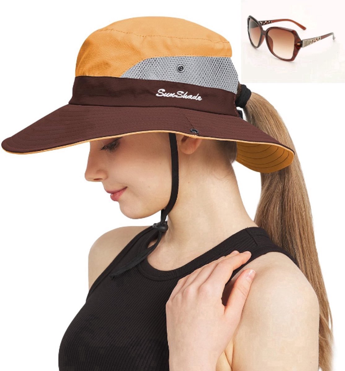 casalora® - Zonnehoed dames - Zomerhoed dames - Opvouwbare zonnehoed - UV Bescherming - Aanpasbare kinband - Ademend - Zonnehoeden met paardenstaart-opening - Brede rand UPF 50+ Bucket hat- & strandhoeden - Met zonnebril - Geel/Bruin