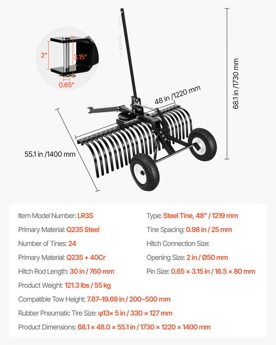 Gazonmaaier Hooihark 1219 mm, Hark met 24 Tanden, Geschikt voor ATV-Grasmaaiers en -Tractoren, Verstelbare Hoogte en Hoek, Efficiënte Verticuteerder voor Bladeren en Ander Afval — afbeelding 3