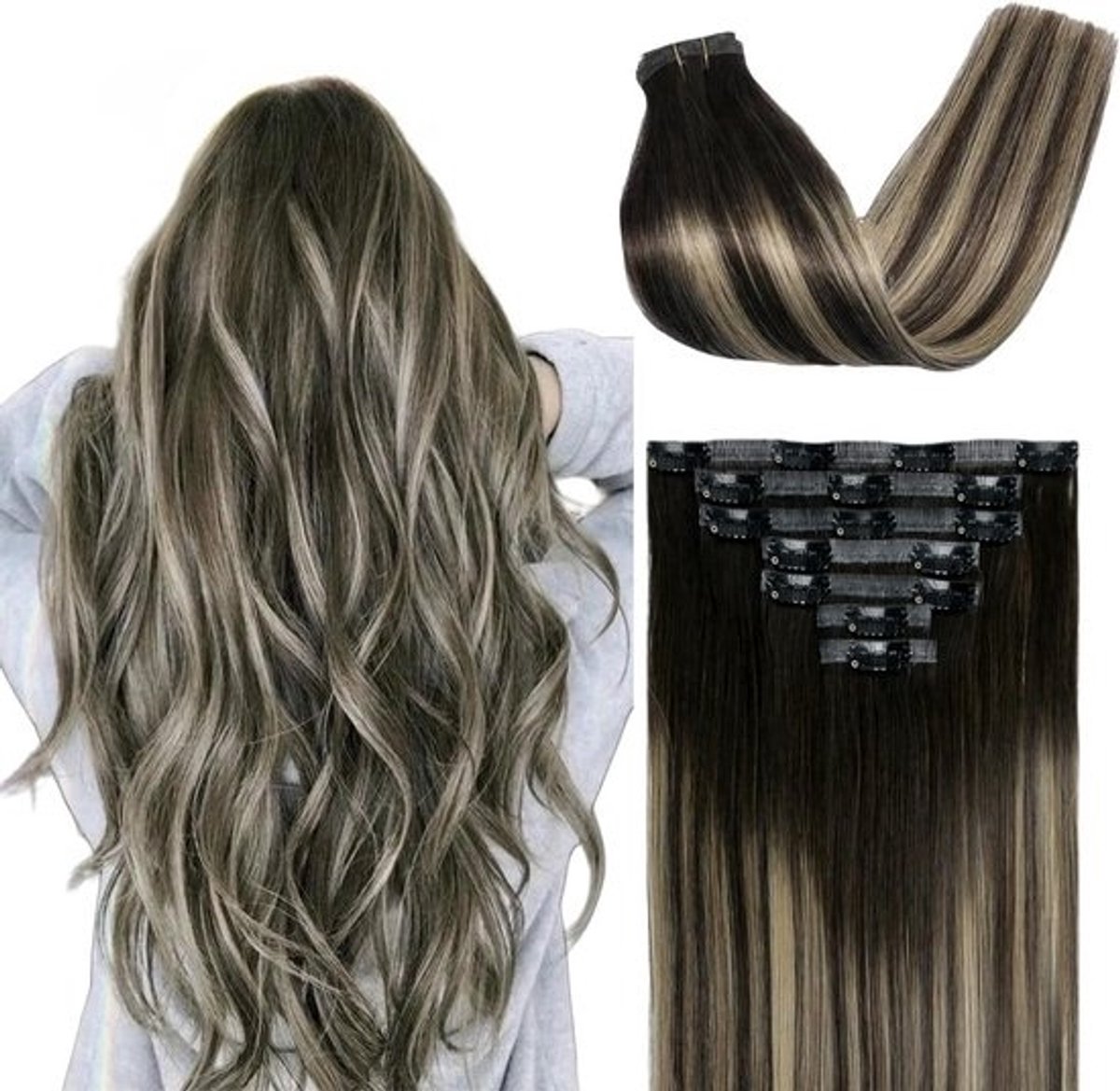 Echt Haar Clip-In Extensions, 50 cm Lang, Ombre Lichtbruin naar Honingblond, 7 Delen