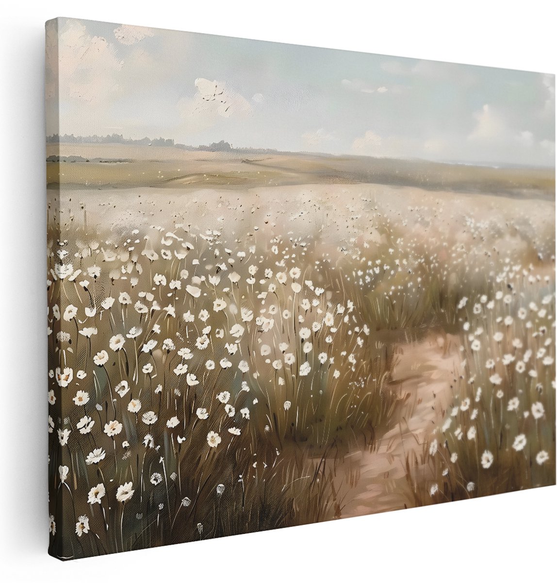 Artaza Canvas Schilderij Landschap Witte Bloemen - 160x120 cm - Groot - Wanddecoratie Boho - Muurdecoratie Landelijk Natuur - Schilderijen Op Canvas
