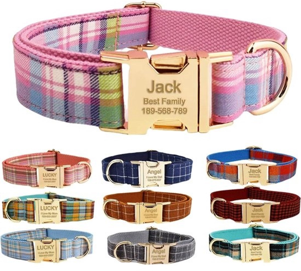 Gepersonaliseerde hondenhalsband met metalen gesp - Tartan halsband met naam en telefoonnummer - Verstelbare maten voor kleine, middelgrote en grote honden