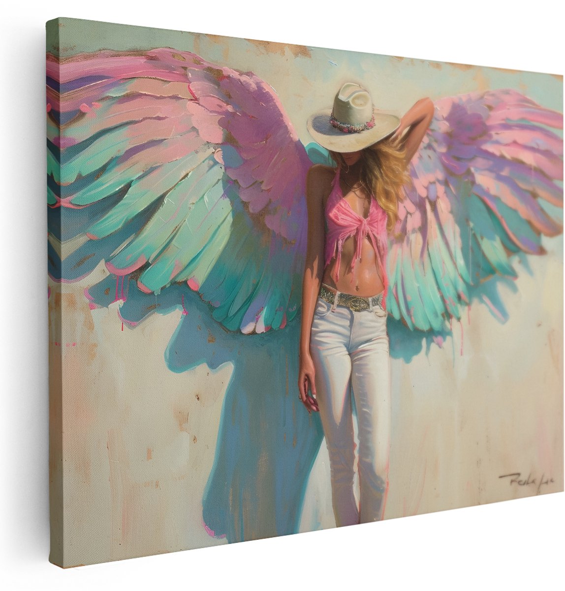 Artaza Canvas Schilderij Engel - 160x120 cm - Groot - Wanddecoratie Vrouw Pastel - Muurdecoratie Bohemian - Schilderijen Op Canvas Roze