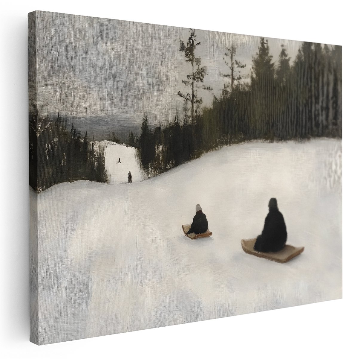 Artaza Canvas Schilderij Sleeën In De Sneeuw - 160x120 cm - Groot - Wanddecoratie Winter - Muurdecoratie Bomen - Schilderijen Op Canvas