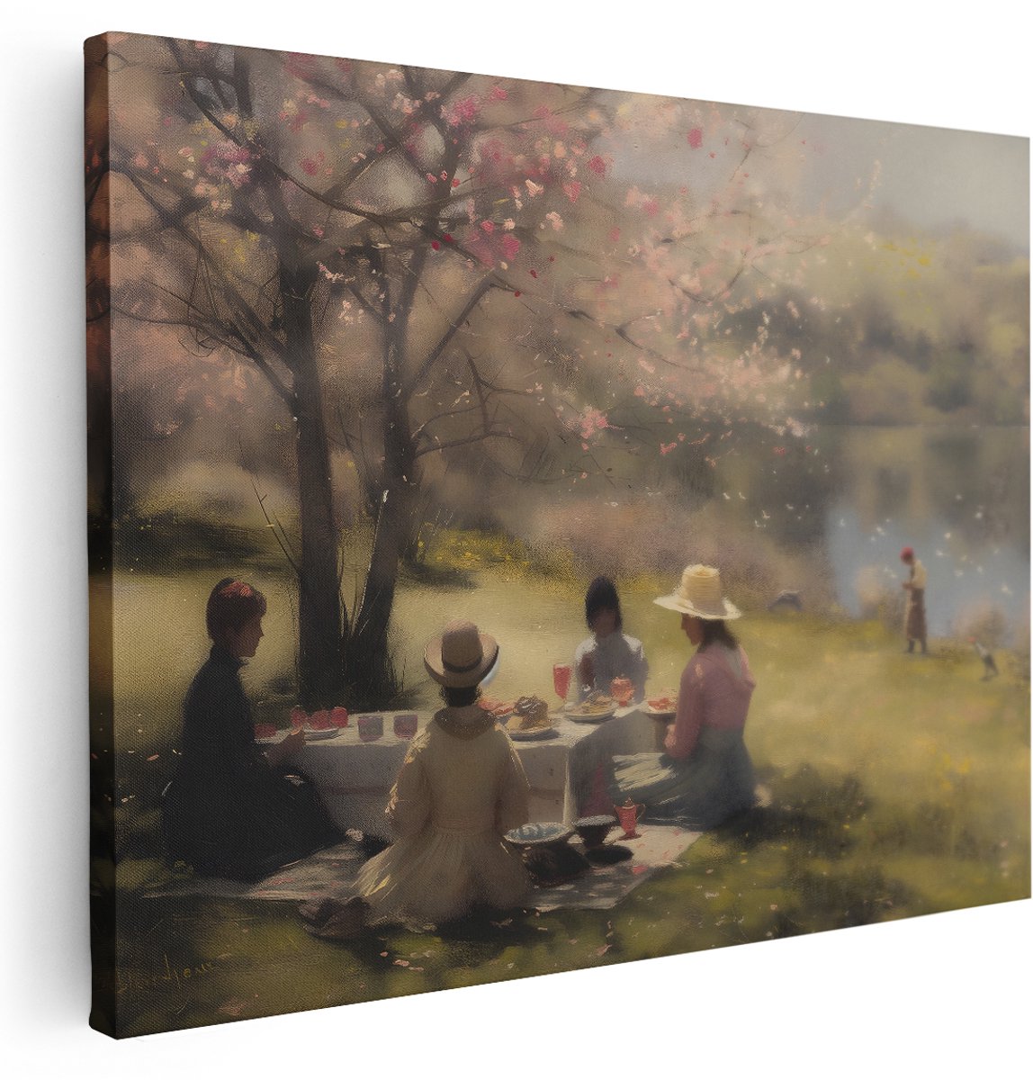 Artaza Canvas Schilderij Vintage Landschap - 160x120 cm - Groot - Wanddecoratie Picknick Kersenbloesem - Muurdecoratie Meer - Schilderijen Natuur