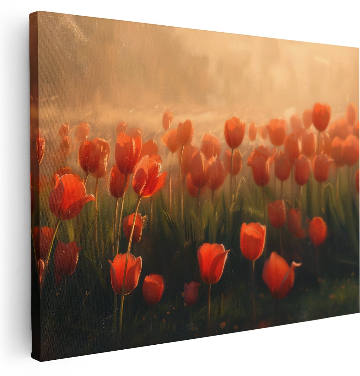 Artaza Canvas Schilderij Bloemenveld - 160x120 cm - Groot - Wanddecoratie Tulpen - Muurdecoratie Landschap - Schilderijen Natuur - Oranje