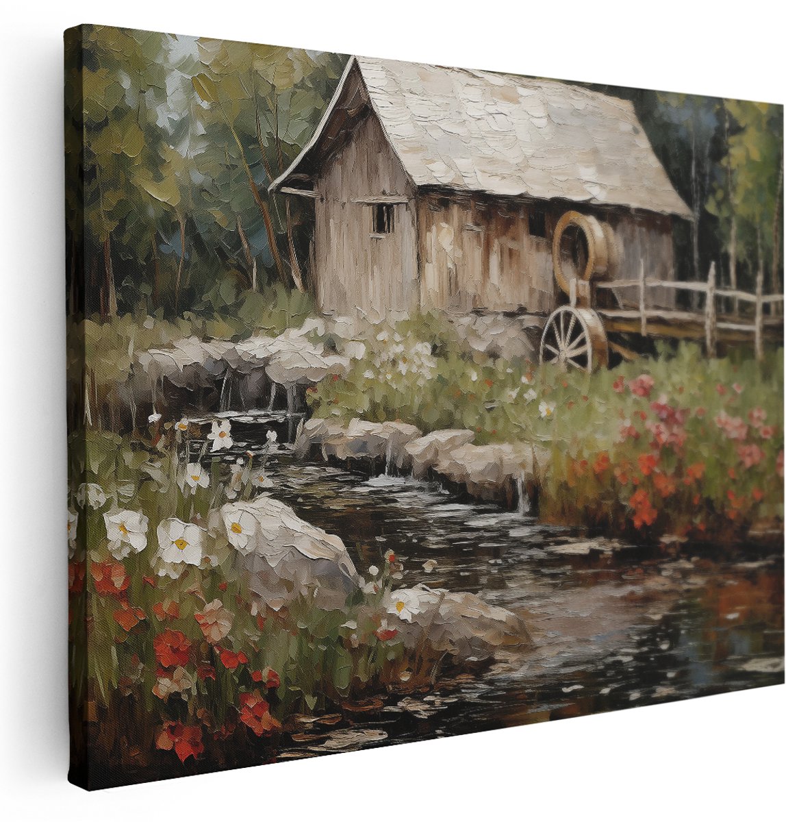 Artaza Canvas Schilderij Landschap Watermolen - 160x120 cm - Groot - Wanddecoratie Natuur - Muurdecoratie Landelijk Beekje - Schilderijen Op Canvas