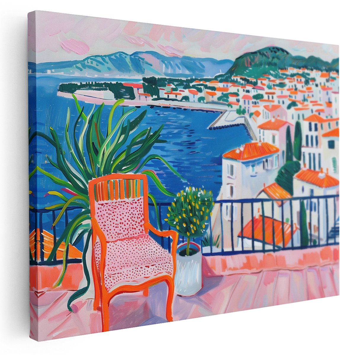 Artaza Canvas Schilderij Landschap - 160x120 cm - Groot - Wanddecoratie Kuststad - Muurdecoratie Balkon Uitzicht - Kleurrijk Schilderij Op Canvas