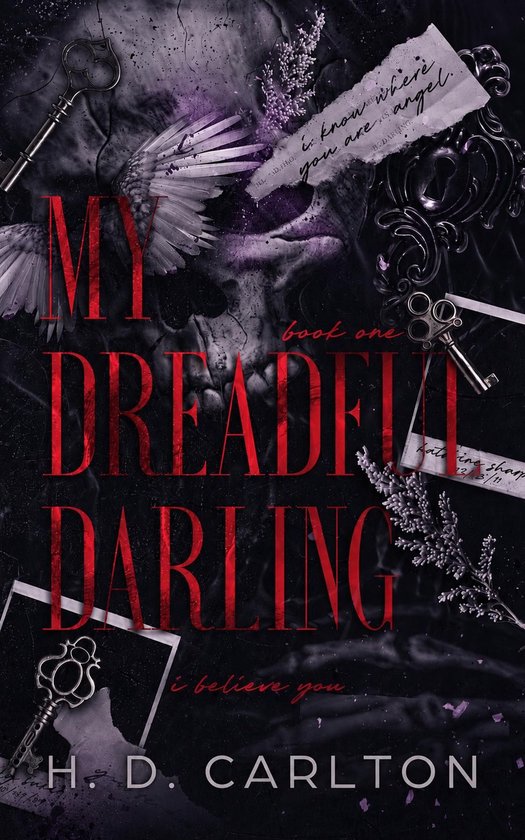 Couverture du livre 'My Dreadful Darling', avec un crâne, des clés et le texte 'i know where you are angel'.
