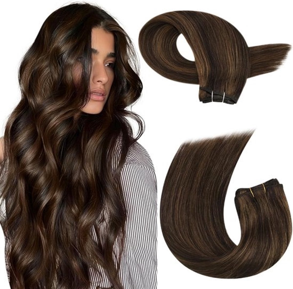 Echte Menselijke Haar Extensions Donkerbruin Lichtbruin 50cm 100G Inweef