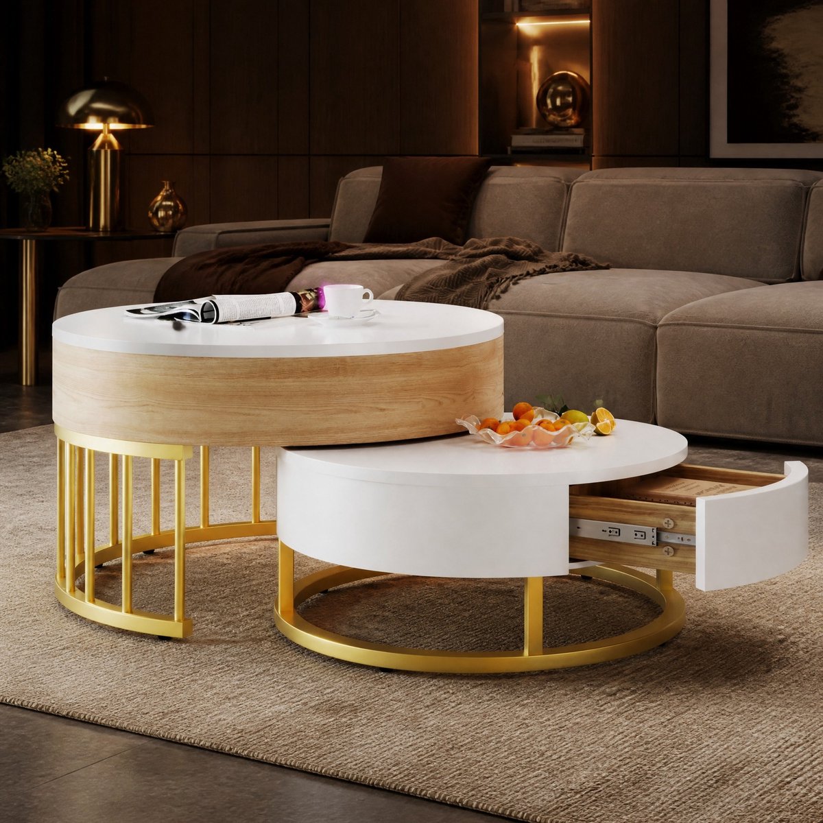 REDOM - Salontafel - Set van 2 ronde nesttafels - Verstelbaar tafelblad en lade - Moderne stijl - Woonkamer - MDF en metaal - Wit en goud - 70 x 70 x 56 cm