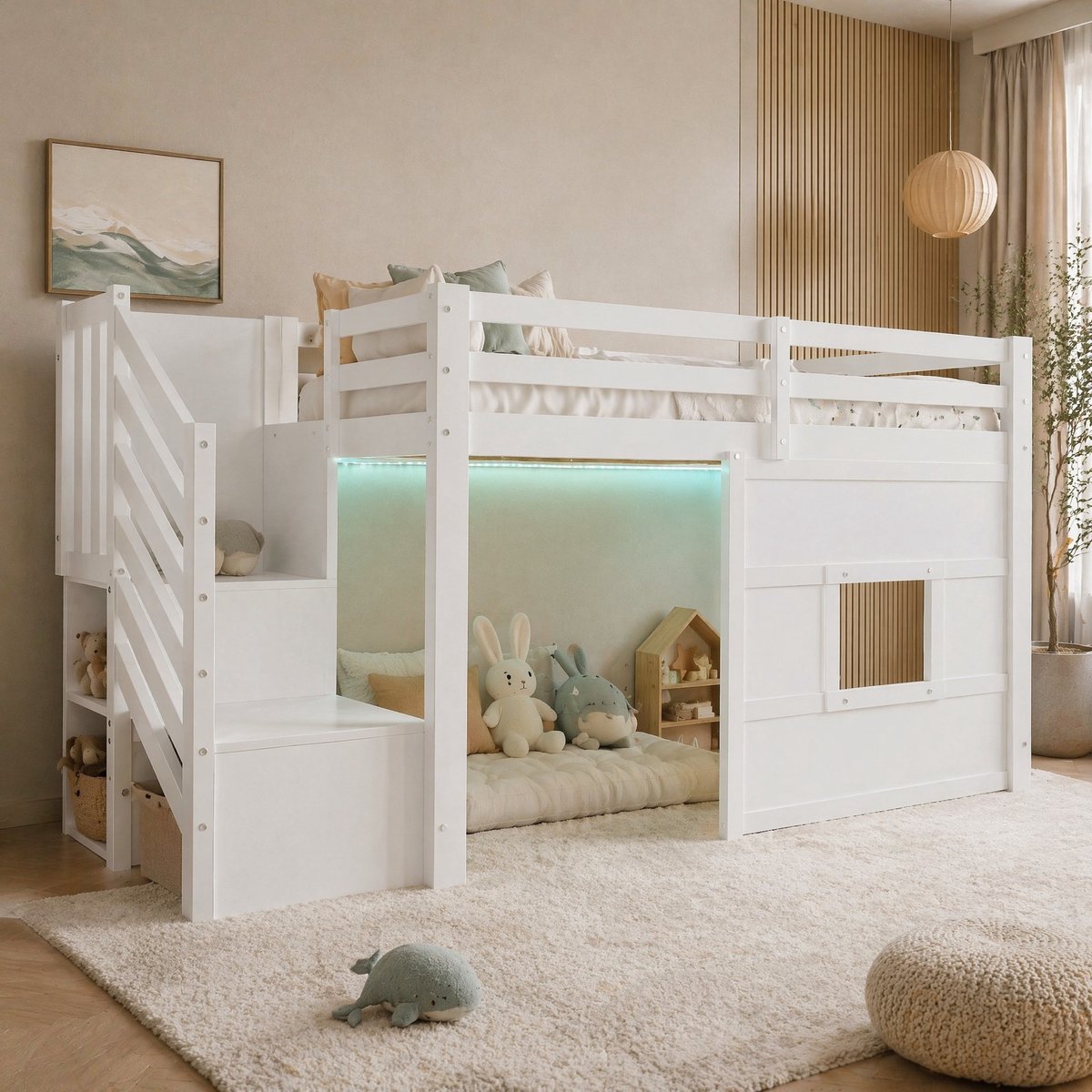 Wishdor Hoogslaper 90x200 cm - Met opbergruimte en trap - Met venster en LED-verlichting - Modern design - Kinderkamer slaapkamer - Hout en MDF - Wit